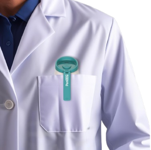Doctor wearing EEG device in lab coat